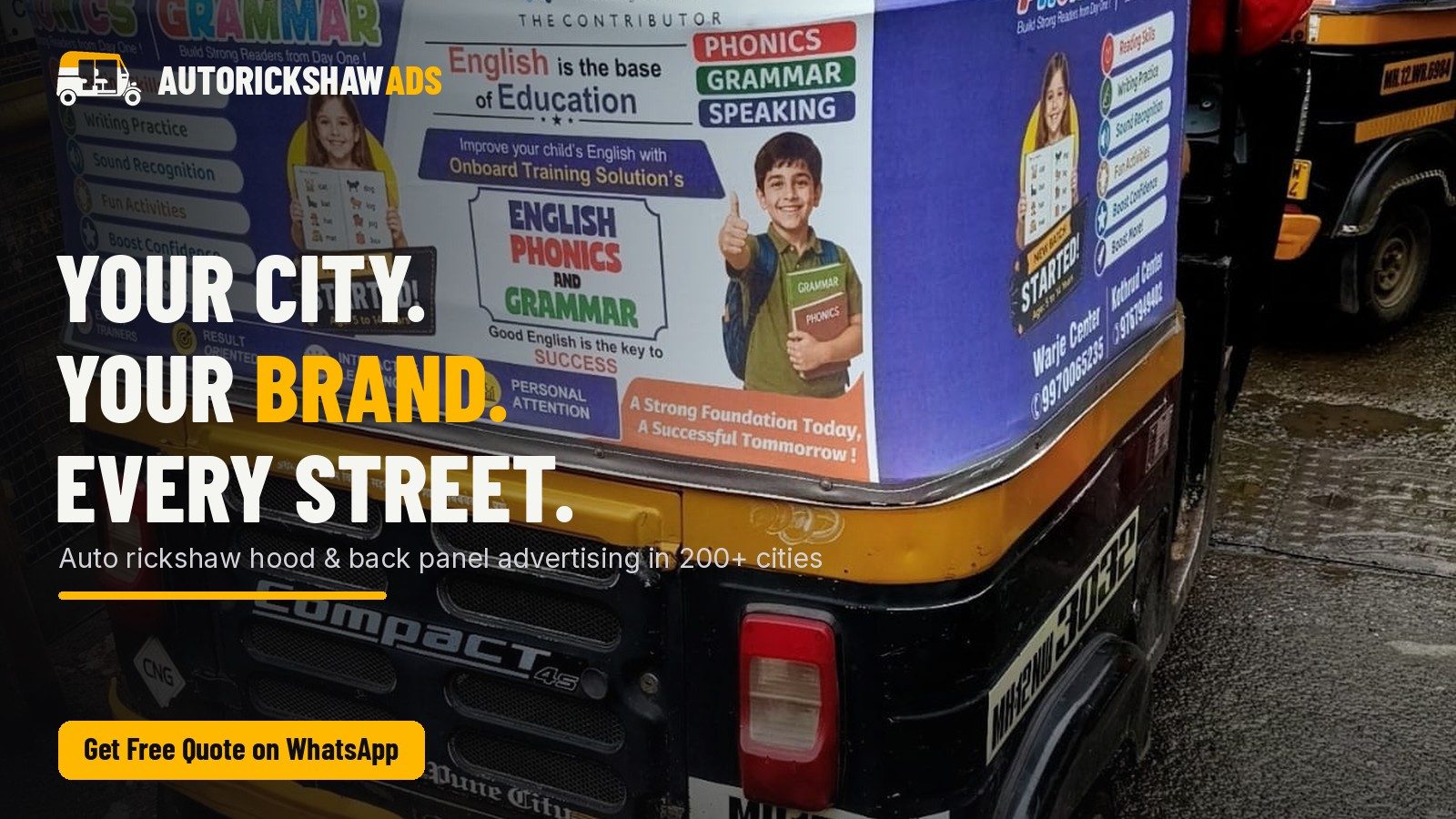 Real auto rickshaw carrying a brand advertisement, GPS-tracked